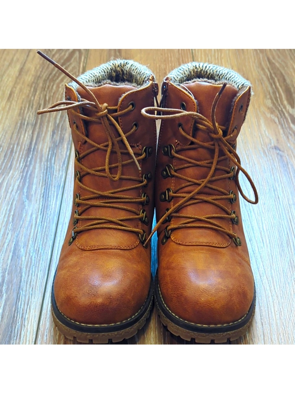 Patrizia by Spring Step Brown Leather Combat Ankle Boots Lace Up Knit SZ 11